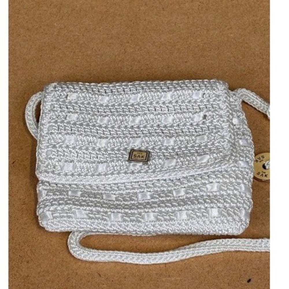 The Sak White Crochet Ribbon Woven Small Crossbody Bag Flap Closure Boho